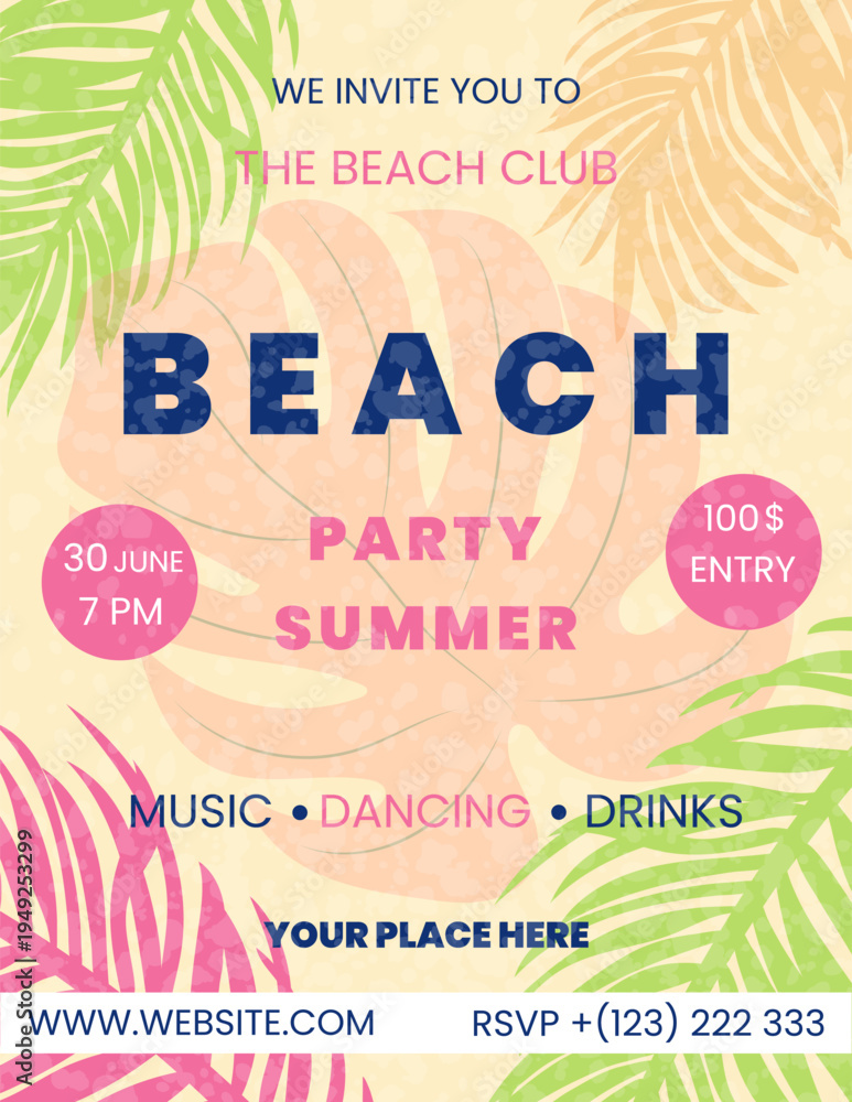 Fototapeta premium A poster for a summer party with tropical leaves. An invitation to a tropical beach party.Vector illustration