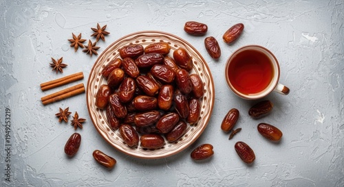 A plate of dates and a cup of tea on a gray surface
