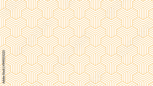 Modern seamless geometric pattern with golden linear chevron shapes forming hexagon tiles on a light background. Perfect for wallpaper and textiles.