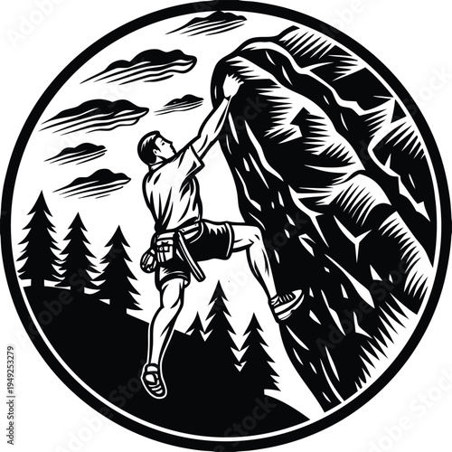 Vector illustration of man rock climbing in circle frame