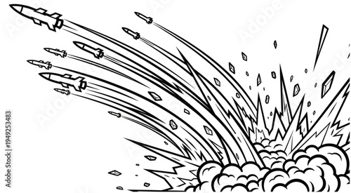 Explosion with Missiles and Debris in Black and White.