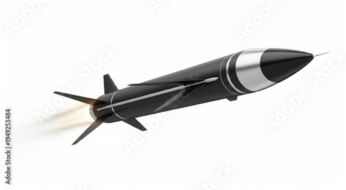 Black Missile Launching with Flames on White Background.