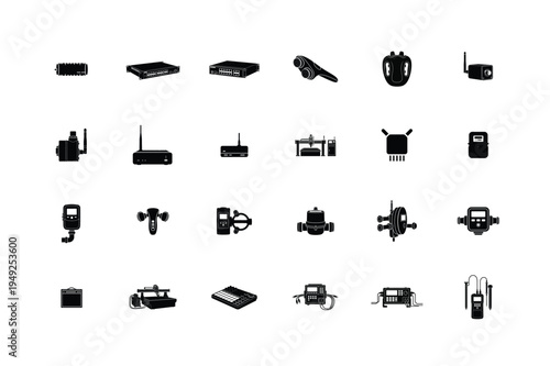 Modern Household Cooling and Lab Electronics Collection Featuring Pedestal Fan Neck Fan Ring Light Security Camera Graphics Card and Induction Cooktop