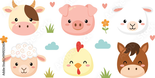 Cute Farm Animal Faces Set with Cow, Pig, Sheep, Chicken and Horse Cartoon Characters for Kids Education, Nursery Decor, Baby Products and Vector Illustration Design
