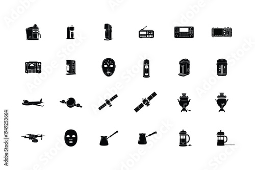 Office Automation and Print Shop Machinery Silhouettes Featuring Paper Laminator Vinyl Cutter Binding Machine Bill Counter Atm and Document Shredder