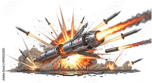 Futuristic Missile Launch with Explosions and Projectiles.