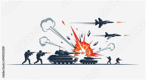 Intense Battle Scene with Tanks, Soldiers, and Fighter Jets in Action.