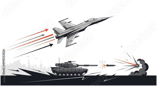 Military Confrontation - Fighter Jet Engages Tank in Dynamic Combat Illustration.
