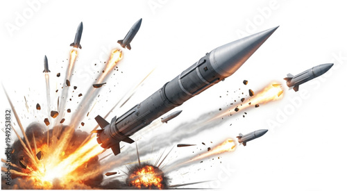 Multiple Missiles Launching with Explosions and Smoke Trails in the Air.