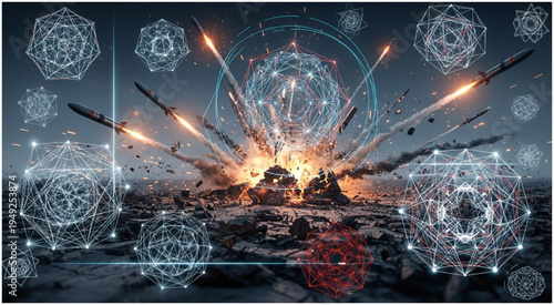 Futuristic Battle Scene with Geometric Overlays and Explosions.