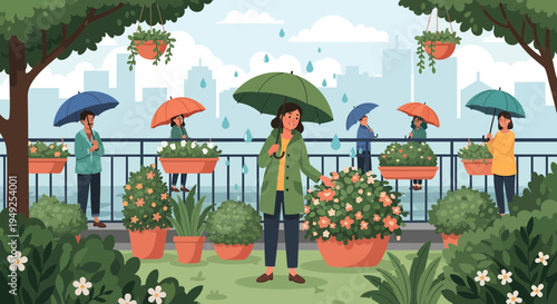 Woman with umbrella tending to plants in the rain.