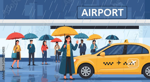 Woman with Umbrella Waiting for Taxi at Airport.