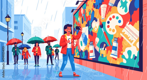 Young woman artist admiring large colorful mural art.