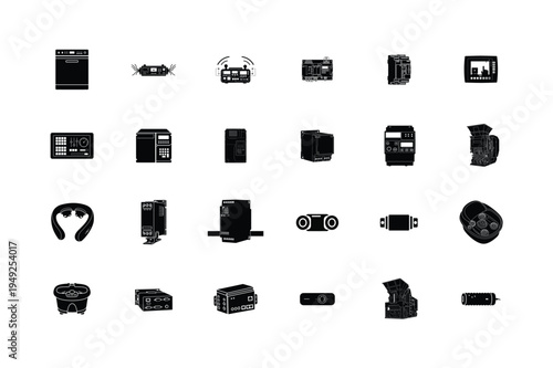 Professional Studio and Workshop Equipment Silhouettes Including Audio Mixer Stage Lighting Spotlight Welding Machine Security Safe and Film Reel Icons