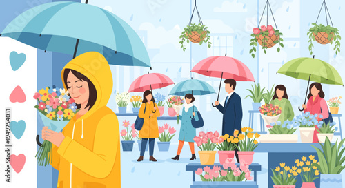 Young Woman in Yellow Raincoat Holding Flowers.