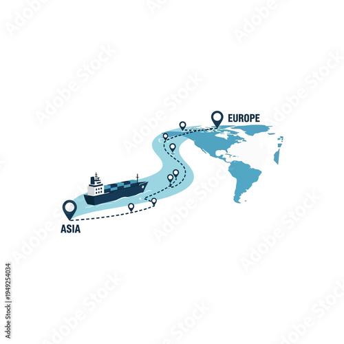 Global shipping route from Asia to Europe with cargo ship.