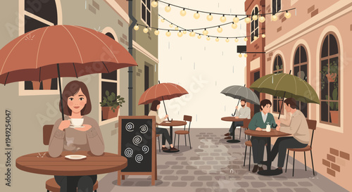 Young woman sitting at a cafe table under an umbrella.