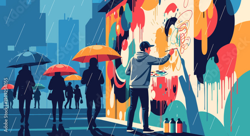 Artist painting vibrant mural on city wall during rainy day.