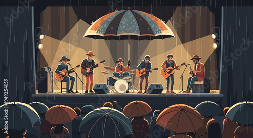 Band Performs on Stage Under a Giant Umbrella.