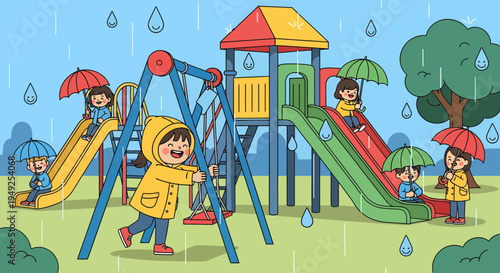 Children Playing on Playground in Rainy Weather.