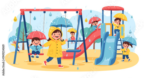 Children playing on playground in the rain.
