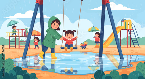 Children playing in puddles on a swing set.