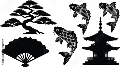 Vector silhouette collection featuring Japanese bonsai tree, swimming koi fish, traditional folding fan, and oriental pagoda temple isolated on a clean white background (24 words)