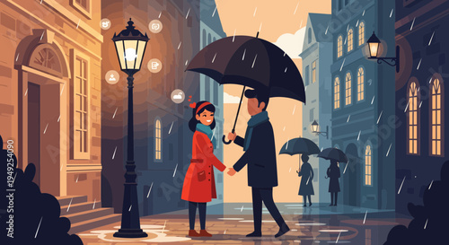 Couple Sharing Umbrella on Rainy City Street.