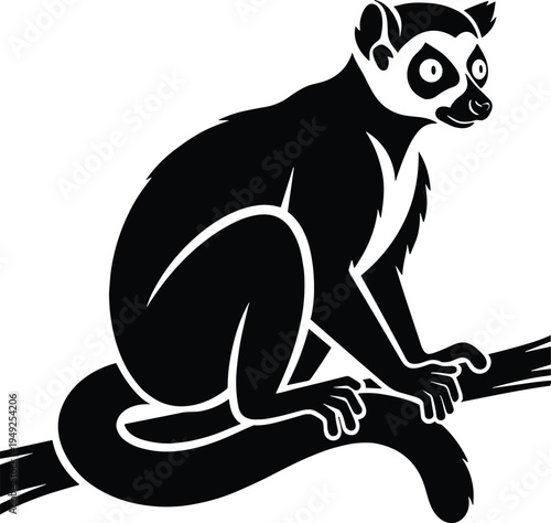 Vector illustration of a ring tailed lemur silhouette sitting on a branch isolated on white background, primate wildlife animal icon for graphic design projects.