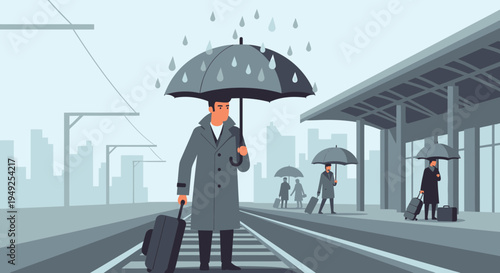 Man with Umbrella and Suitcase on Train Platform in Rain.