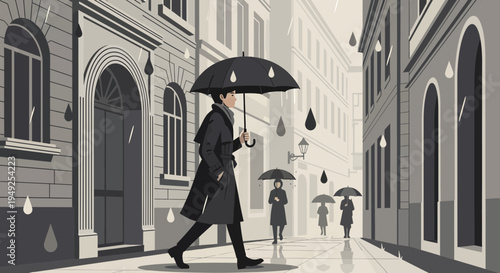 Man walking with umbrella in rainy city street.