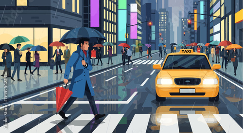 Man with Umbrella Crossing Busy City Street in Rain.