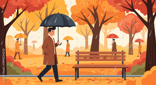 Man with Umbrella Walking in Autumn Park.