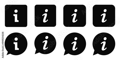 Info icons set, information icon isolated on white background with black info button design, vector illustration for help support, knowledge center icons and web interface graphics.