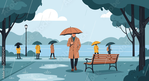 Man with umbrella walking in the rain.