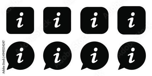 Info icons set with information icon isolated on white background, black info button vector illustration for help center symbols, website navigation icons, mobile apps and user interface design.