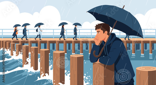 Man with umbrella on pier contemplating weather.