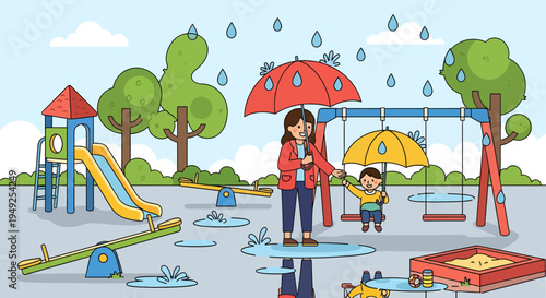 Mother and child with umbrellas in playground during rain.