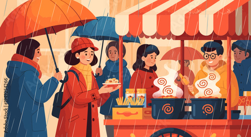 People buying food from street vendor in the rain.