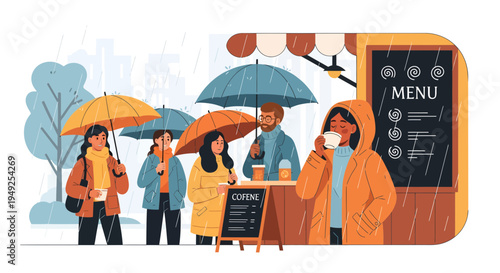People enjoying coffee under umbrellas on a rainy day.