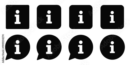 Info icons set, information icon isolated on white background, black info button vector illustration for user interface design, help support symbols, web applications and digital information graphics.