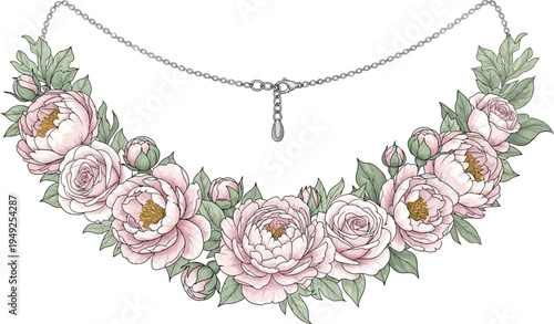 A beautiful floral necklace with pink peonies and green leaves on a silver chain