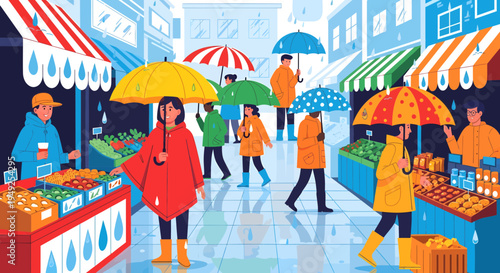 People with umbrellas at a rainy outdoor market.