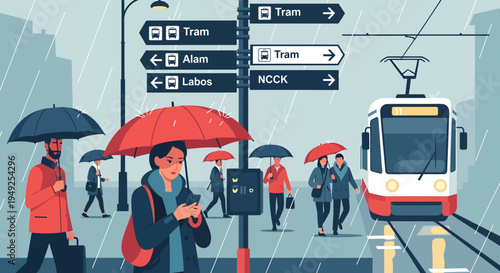 People with umbrellas waiting for tram in rain.