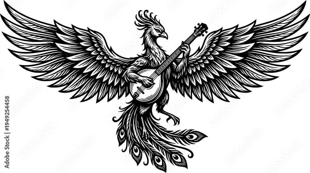 Fototapeta premium Engraved phoenix playing shamisen, mythical bird musician, artis 