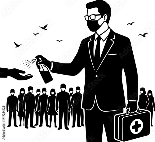 Ink illustration depicting a man providing sanitization to a cro
