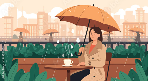 Woman enjoying coffee under umbrella in rain.