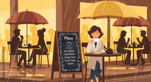 Woman holding coffee cup at outdoor cafe in rain.