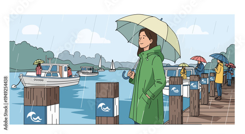 Woman holding umbrella on a rainy day.