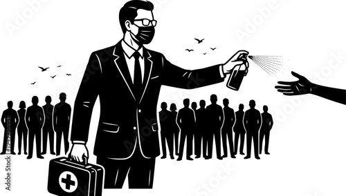 Ink illustration depicting a man providing sanitization to a cro
